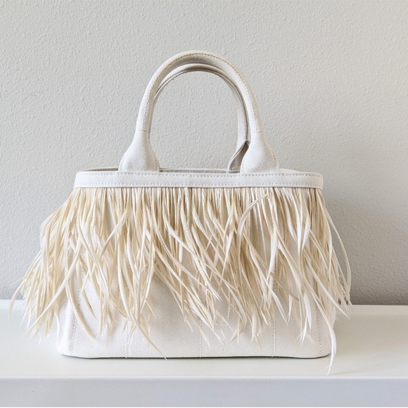 Prada Feather Trimmed Canapa Fringe Purse - Picture 2 of 16